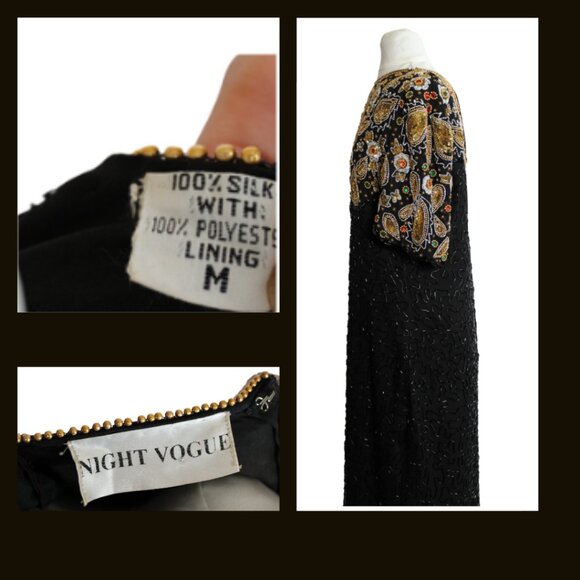 Night Vogue SZ Med 100% Silk Beaded & Sequin Black Evening Dress - Picture 11 of 16